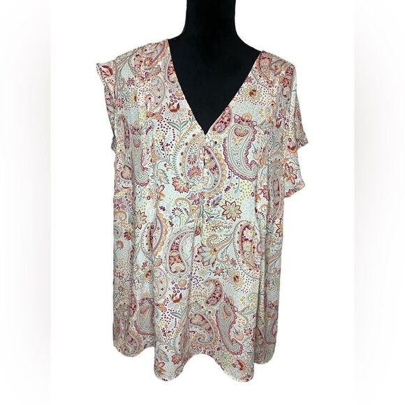 NWT CYNTHIA ROWLEY WOMENS PAISLEY V-NECK SHORT SLEEVE SUMMER BLOUSE SIZE 3XL - Picture 2 of 10
